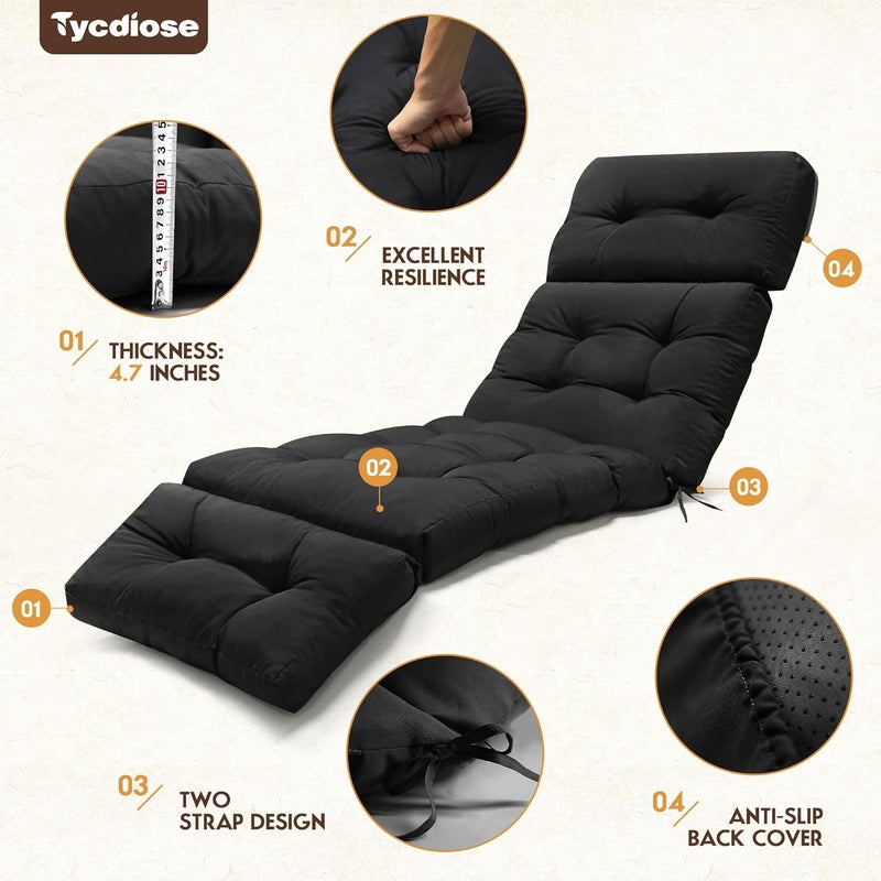 Tycdiose Outdoor Chaise Lounge Chair Cushion Replacement 74.4 x 22 x 4.7 Inches Memory Foam Waterproof Lounge Chair Cushions for Outdoor Furniture with Ties, Thickened Lounge Chair Cushions, Black - Image 5